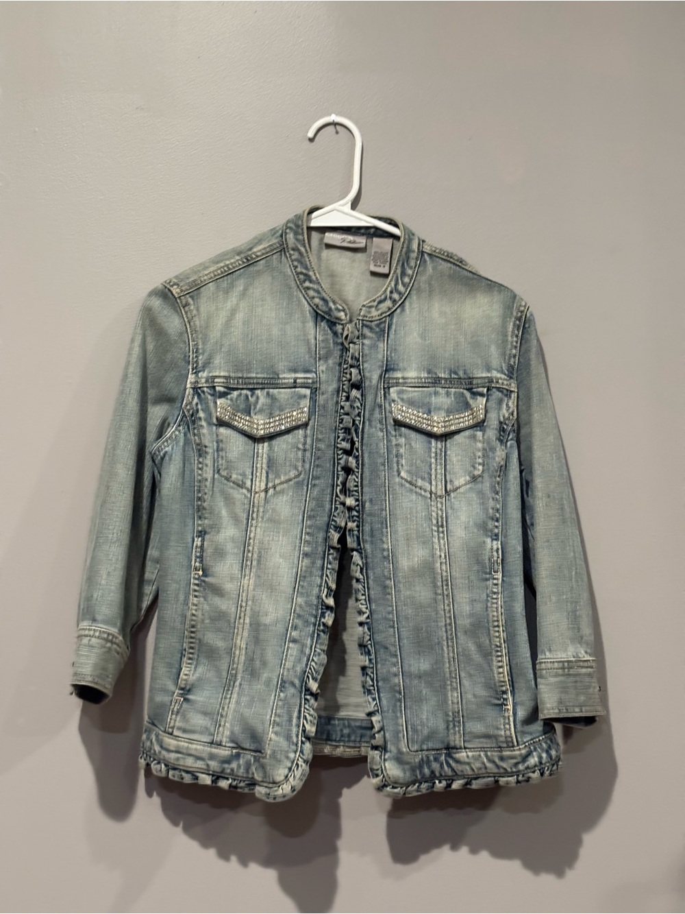 Chico's Light Blue Washed Denim Ruffle-Trim Jacket